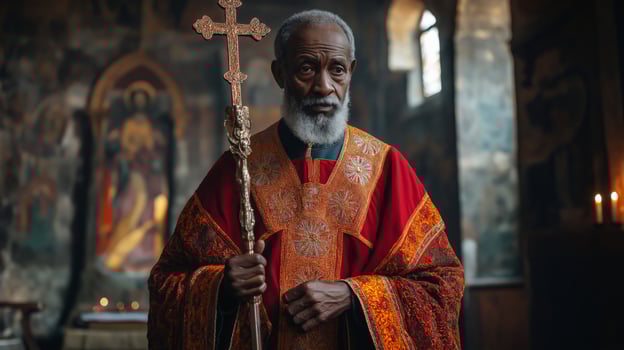 Ethiopian Orthodox Priest in Traditional Attire Holding Ornate Cross in Historic Church Interior photo