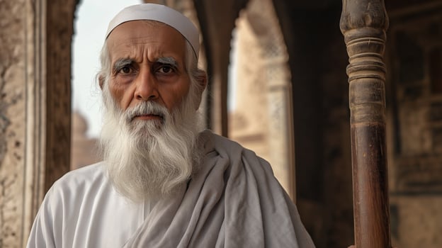 Elderly Sunni Cleric with Long White Beard Standing in Historic Islamic Architecture Setting photo
