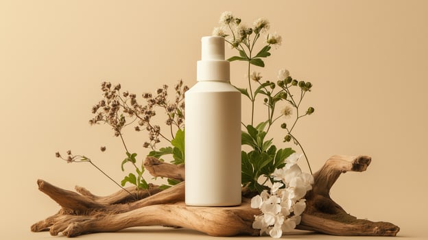 Elegant white bottle surrounded by natural flowers and driftwood on a soft beige background photo