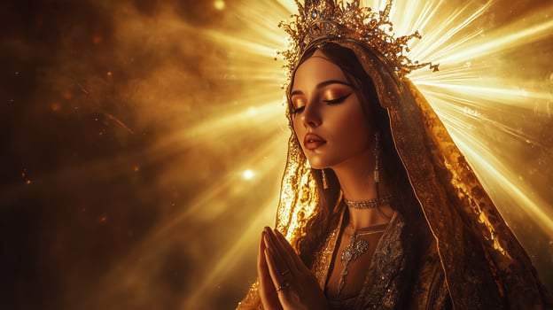A serene young woman in ornate attire raises her hands in prayer, illuminated against a golden backdrop during a spiritual moment photo
