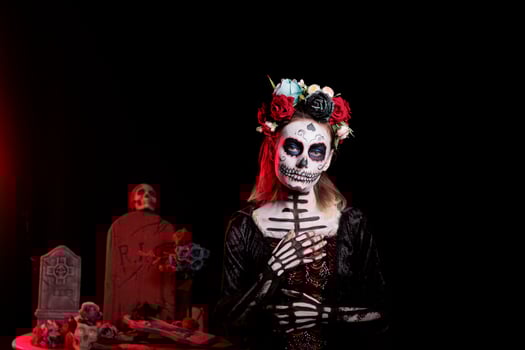 Portrait of mysterious witch at religious processions during Dia de los Muertos november holiday. Woman dressed as La Catrina wearing skeleton makeup symbolizing reverence for deceased photo