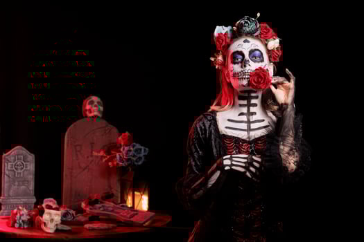 Dark lady posing with red rose during Dia de los Muertos, preserving cultural traditions between generations. Woman wearing la Catrina costume and skull makeup to celebrate Mexican culture photo