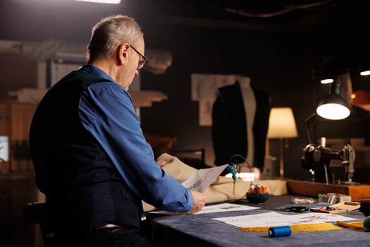 Elderly couturier looking over sketch drawings, preparing to create custom made sartorial garments for comissioning client. Suitmaker conceptualizing outfits following handdrawn drafts photo