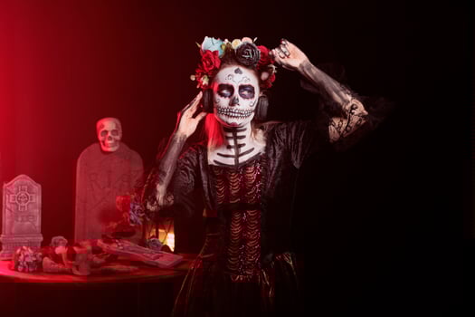 Woman listening music during Day of the Dead Mexican event honoring dead loved ones. Person wearing headphones hearing songs during ancient Aztec custom of celebrating ancestors photo
