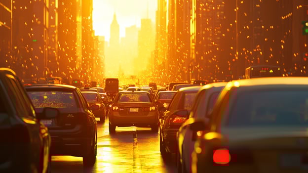 Golden sunset over bustling city street with heavy traffic and iconic skyline silhouette in the distance photo