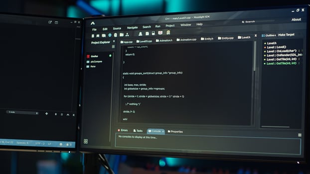Technician doing software quality assurance, reading source code on PC before implementing it. IT admin inspecting coding on computer, looking to fix potential issues, camera A close up photo