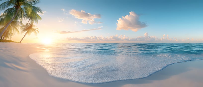 A clean white sandy beach stretches under a vast blue sky, with clear turquoise waters sparkling in the warm sunlight. Soft, foamy waves gently lap the shore perfect for eco-tourism posters or media. photo