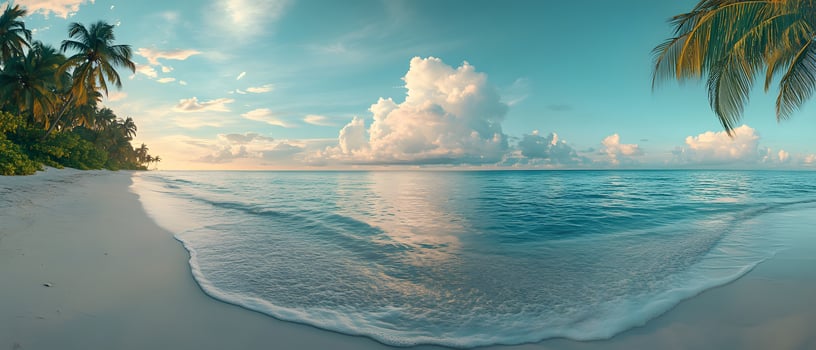 A clean white sandy beach stretches under a vast blue sky, with clear turquoise waters sparkling in the warm sunlight. Soft, foamy waves gently lap the shore perfect for eco-tourism posters or media. photo