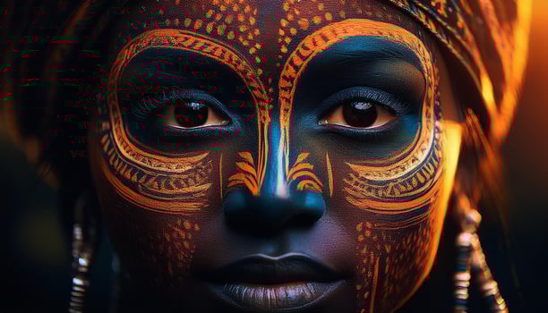 Close-up portrait of a woman with vibrant tribal face paint, highlighting her intense gaze and cultural expression in warm lighting. photo