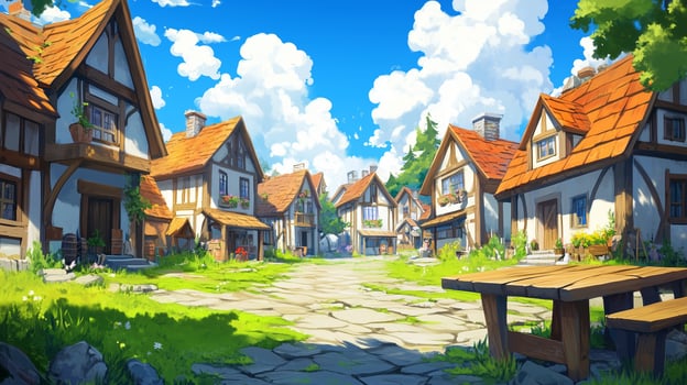 Quaint village streets lined with charming houses and vibrant greenery under a bright blue sky in a serene countryside setting photo