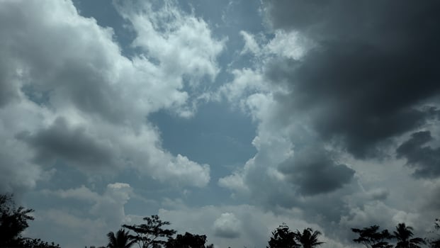 A dark sky with clouds and trees photo