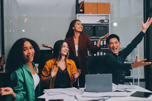 Motivated funny diverse business team people dancing celebrating success at corporate party on friday, happy friendly multiracial coworkers group having fun together enjoy victory dance in office photo