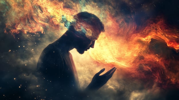 A surreal representation of a person contemplating thoughts amidst a cosmic explosion of colors and light in a dreamlike setting photo