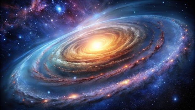 Deep space exploration with rotating spiral galaxy, star fields, nebulas photo