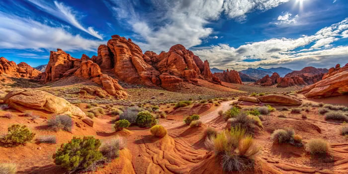 Desert landscape in Valley of Fire Nevada with rocks and red dirt photo