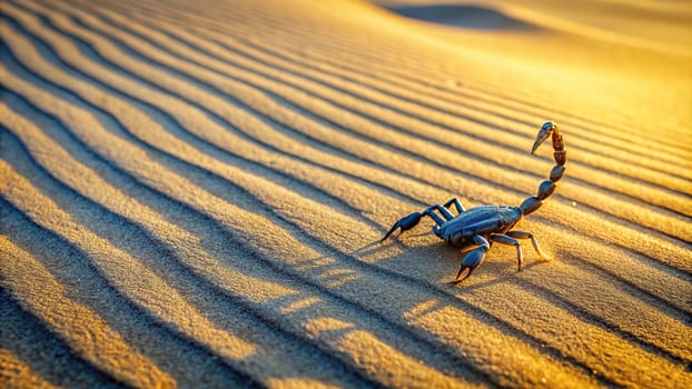 Desert landscape with a scorpion crawling, leaving a trail in the sand photo