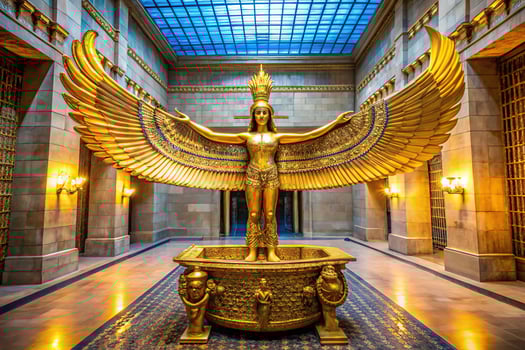 A view of a Golden Faravahar symbol inside a Fire Temple photo