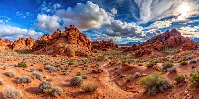 Desert landscape with rocks and red dirt floor in Valley of Fire Nevada photo