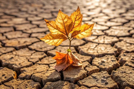 Dry earth with dying plant reflected on surface photo