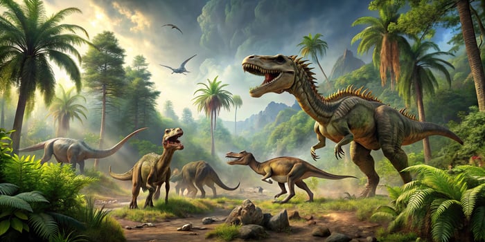 Dinosaurs in prehistoric forest photo