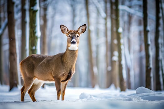Deer in a snowy forest with mountains photo