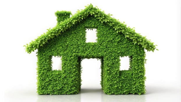 Eco-friendly house design with green leaves on white background photo