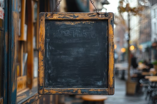 Empty blackboard hanging on building exterior is displaying nothing photo
