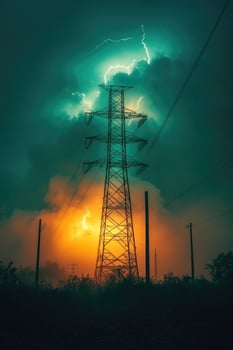 Lightning striking near power lines at sunset during storm photo