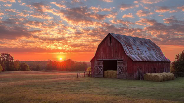 Red barn standing in field at sunset with golden hay bale photo