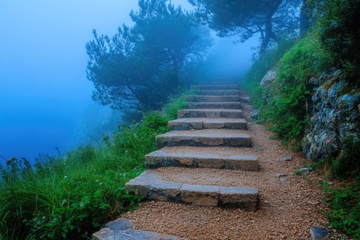 Stone stairs leading to foggy forest path photo
