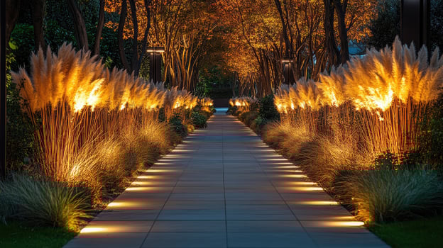Modern garden path lighting up with warm light at dusk photo