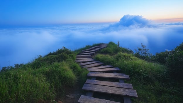 Wooden path winding through lush green grass above the clouds at sunset photo
