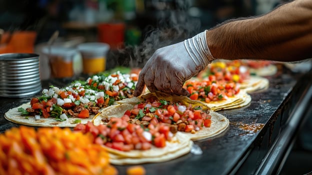 Street cook preparing delicious mexican tacos in a food stall photo