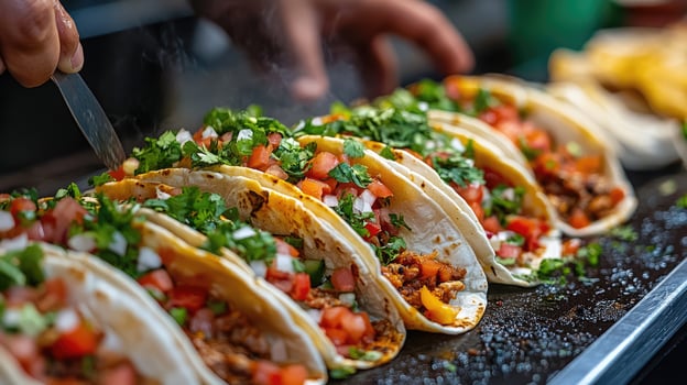 Cook preparing delicious mexican tacos in a restaurant kitchen photo