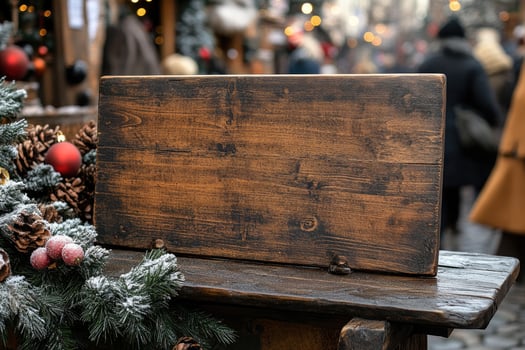 Empty wooden sign standing in front of decorated christmas market stall photo