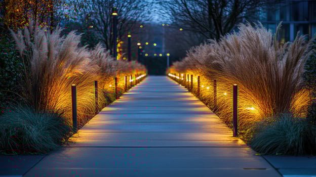 Modern urban park illuminated walkway with ornamental grasses at twilight photo