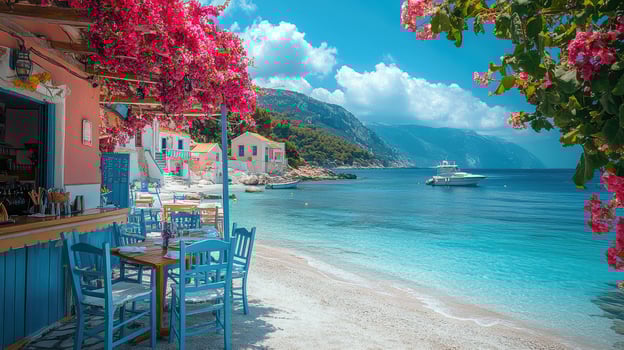 Bougainvillea flowers framing seaside restaurant in greece photo