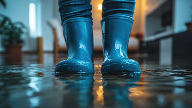 Person with blue boots standing in flooded house photo