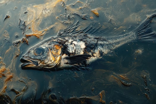 Dead fish floating in polluted water covered by oil spill photo