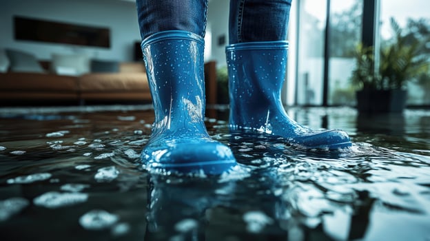 Person with blue boots standing in flooded house photo