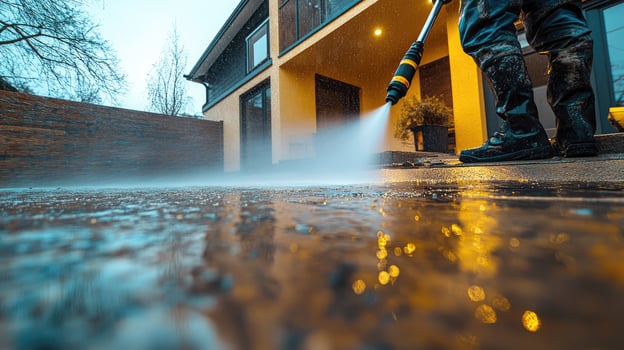 Cleaning service worker uses a pressure washer to clean a driveway photo