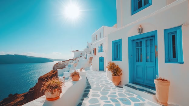 Sun shining on traditional white buildings with blue doors in oia village, santorini, greece photo