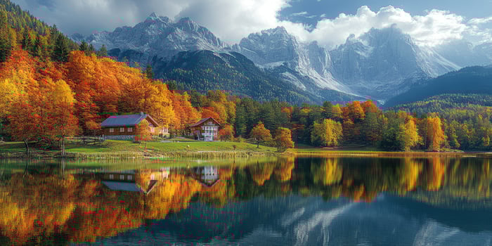 Beautiful mountain lake reflecting colorful autumn forest and snow capped peaks on sunny day photo