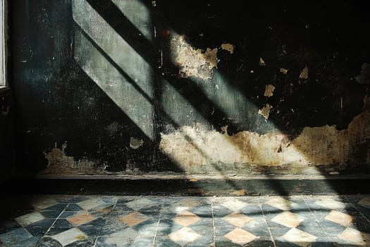 Sunlight casting geometric shadows on black wall and checkerboard floor photo