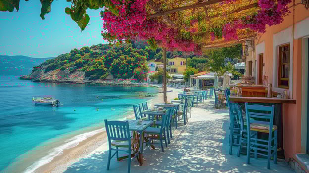 Picturesque greek tavern overlooking tranquil turquoise sea on a sunny day photo