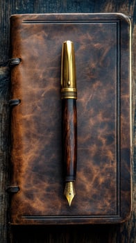 Vintage leather notebook with elegant fountain pen on top photo