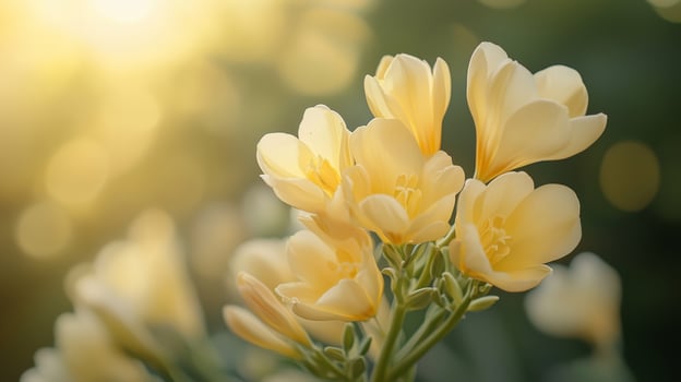Delicate yellow freesia flowers blooming in sunlight with a soft, dreamy background in a vibrant garden setting photo