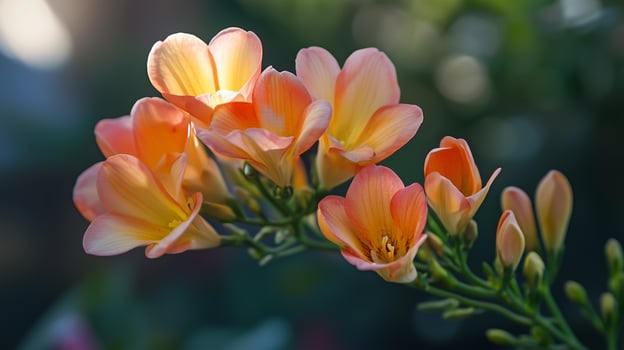 Delicate orange and yellow flowers blooming in a lush garden during the early morning light photo