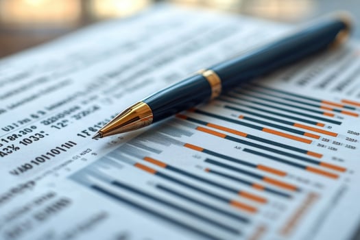 Elegant pen resting on financial report with charts and numbers photo
