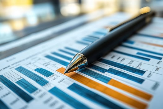 Pen lying on paper showing bar charts representing financial data photo
